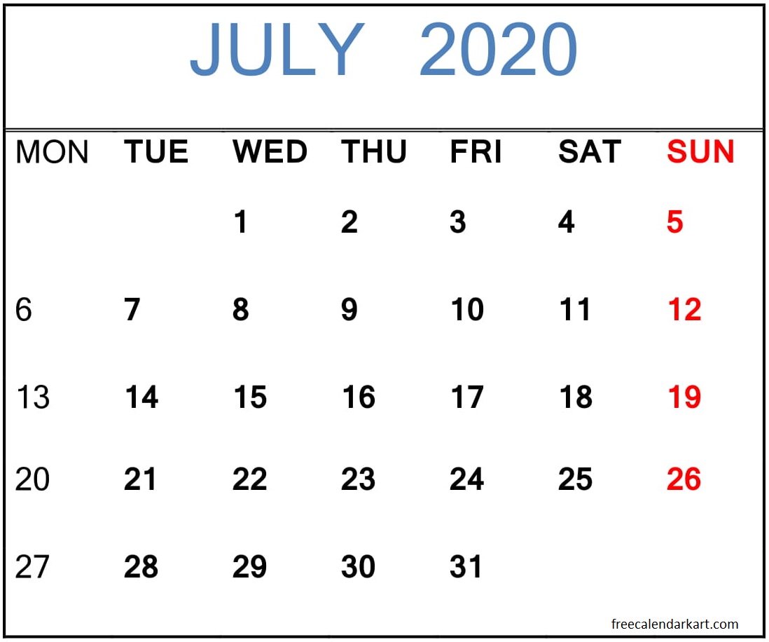 July 2020 Calendar Printable Blank Calendar Word