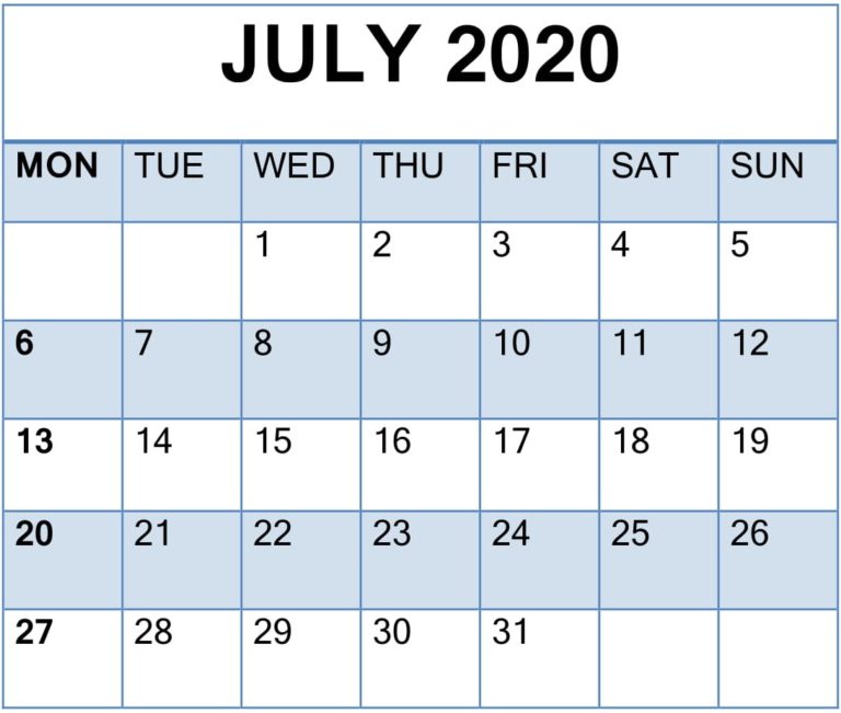 Printable July 2020 Calendar For Landscape and Vertical Template