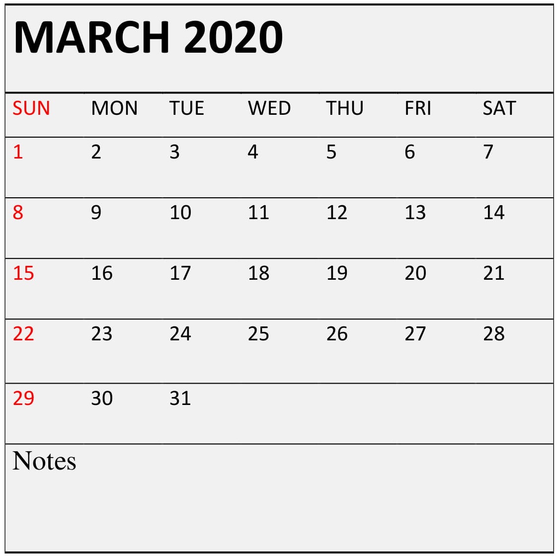 March 2020 Calendar Template 