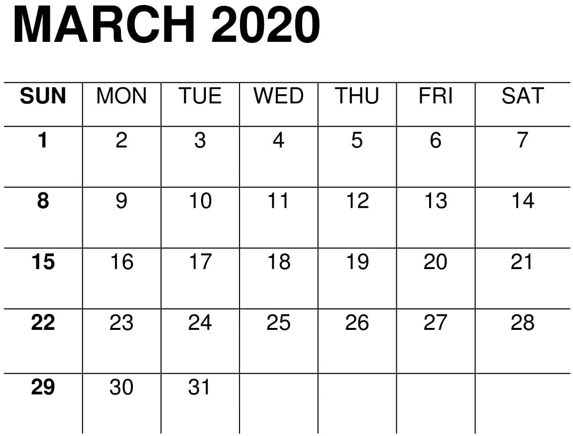 March 2020 Calendar Template 