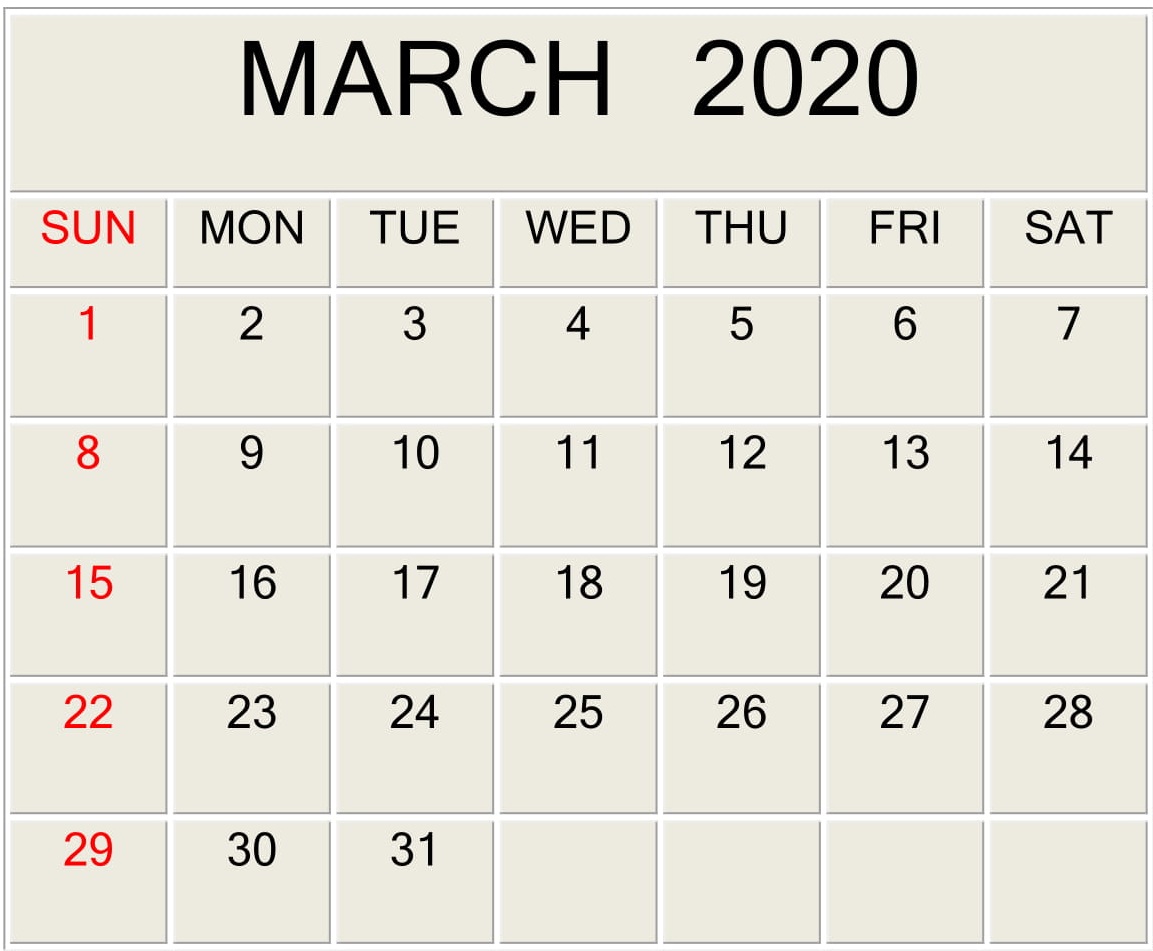 March 2020 Calendar Template 