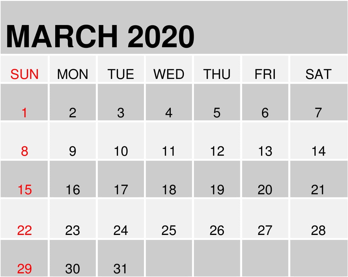 March 2020 Calendar Template 