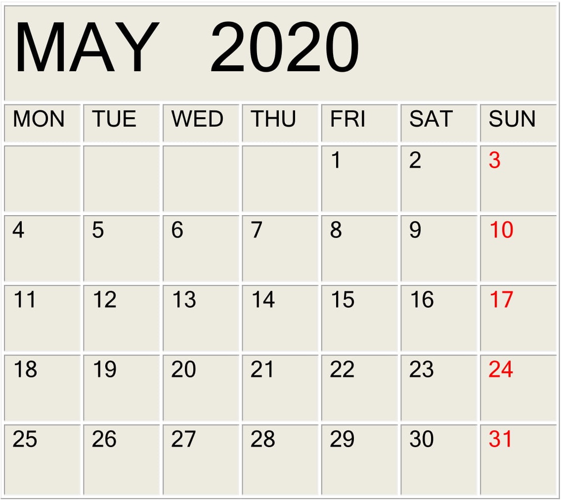 May 2020 Calendar 