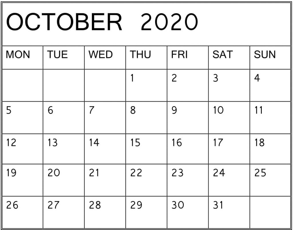 Календарь на октябрь 2025 года October 2020 Calendar Word, Excel, PDF Template