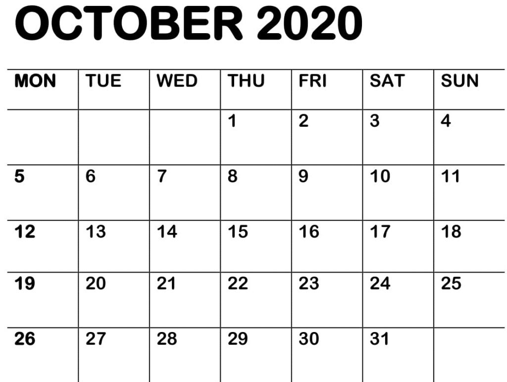 October 2020 Calendar