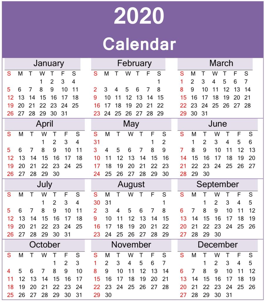 Yearly 2020 Calendar