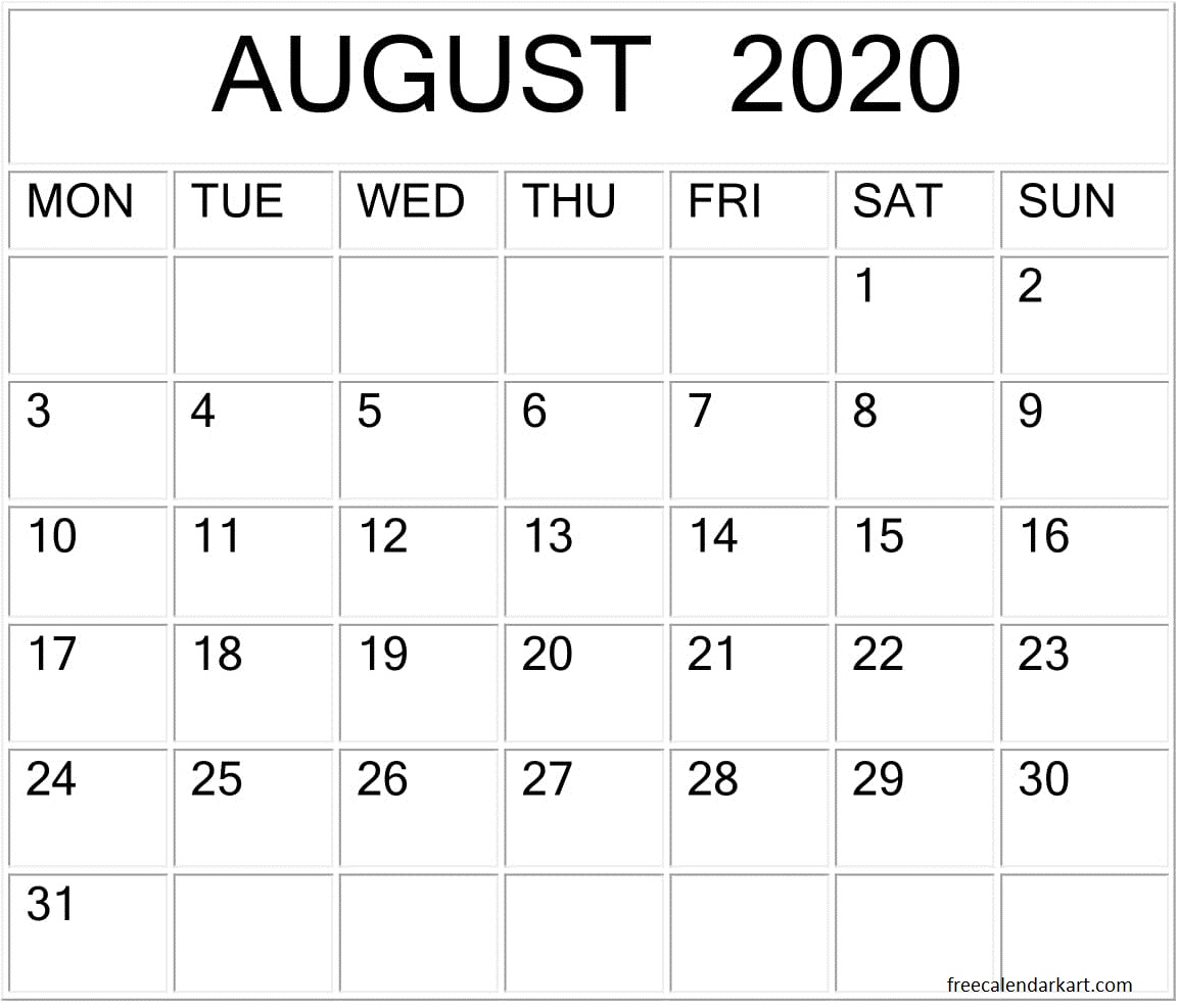 Printable August 2020 Calendar 