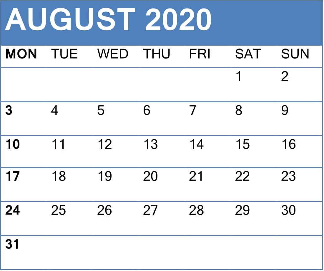 August 2020 Calendar 