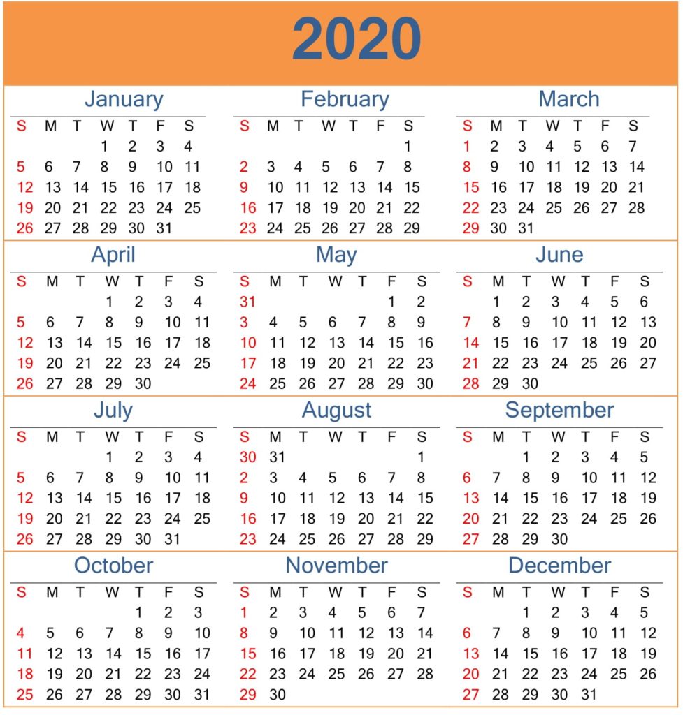 Yearly 2020 Calendar