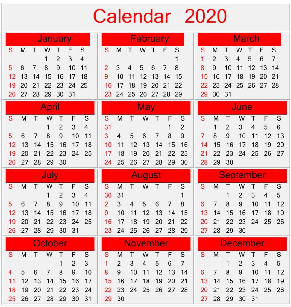 Yearly 2020 Calendar