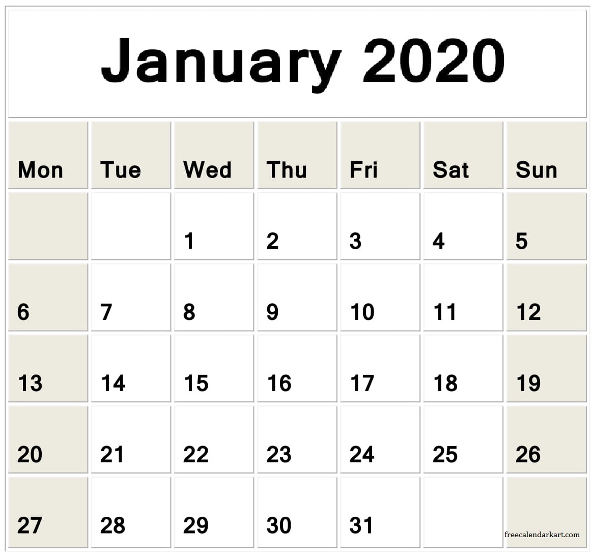  Jan 2020 Calendar