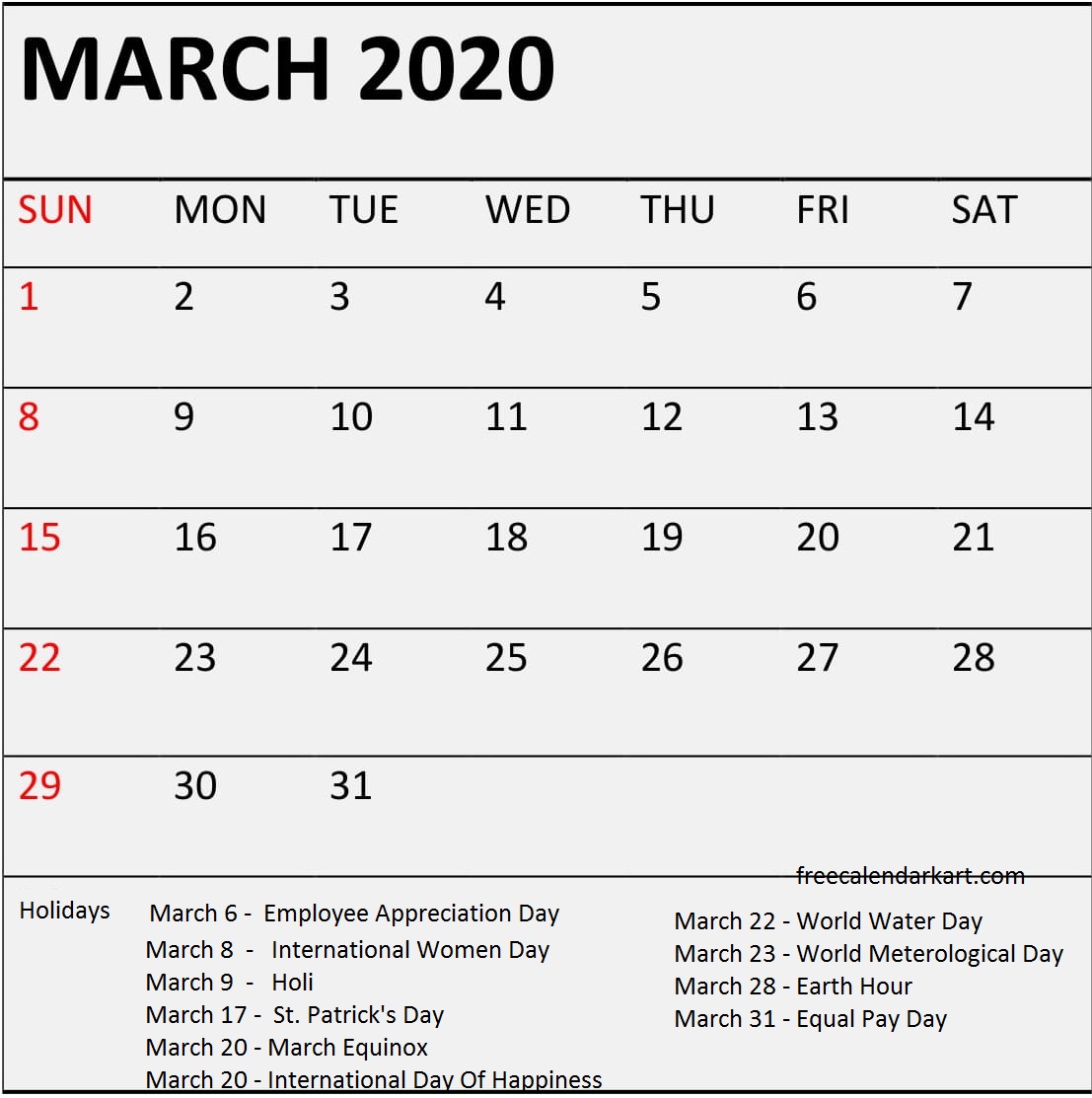 March 2020 Calendar With Holidays