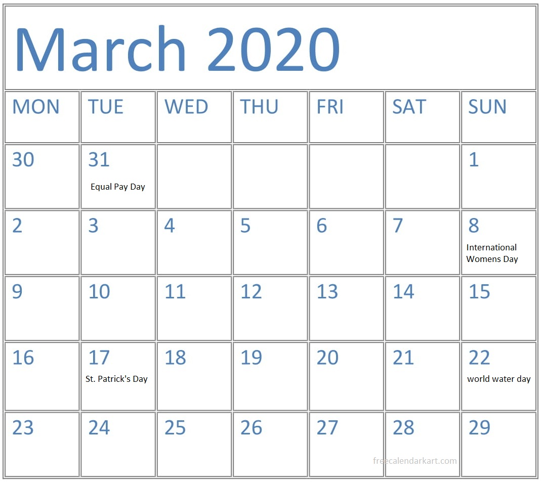 March 2020 Calendar With Holidays