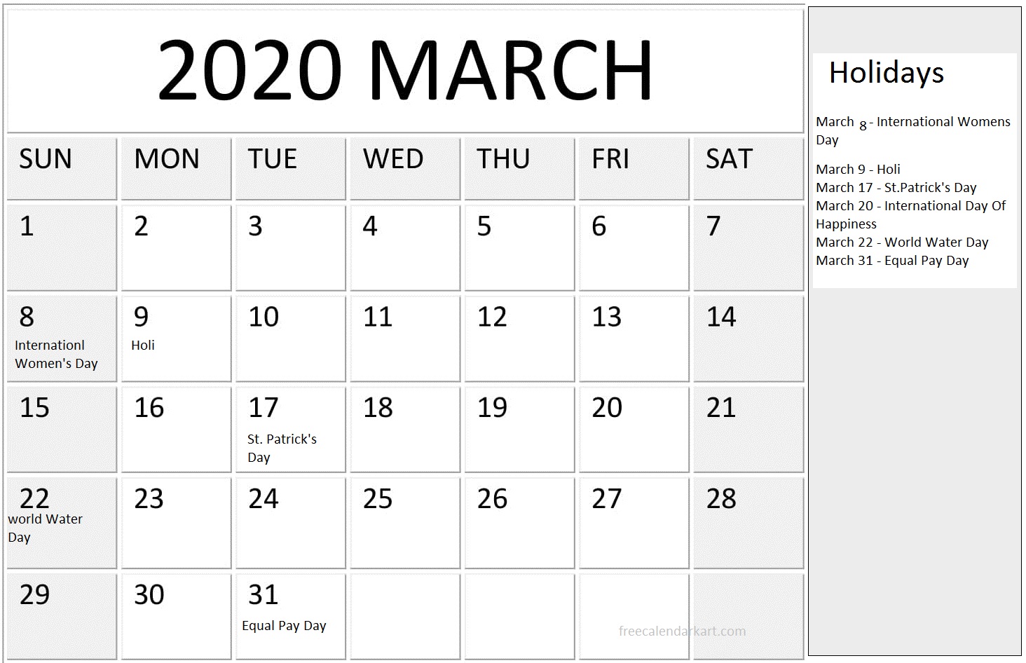 March 2020 Calendar With Holidays