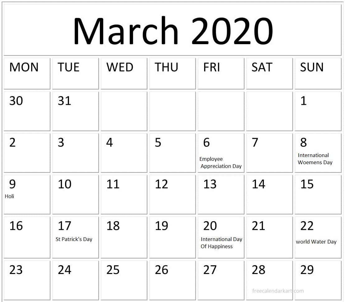 March 2020 Calendar With Holidays