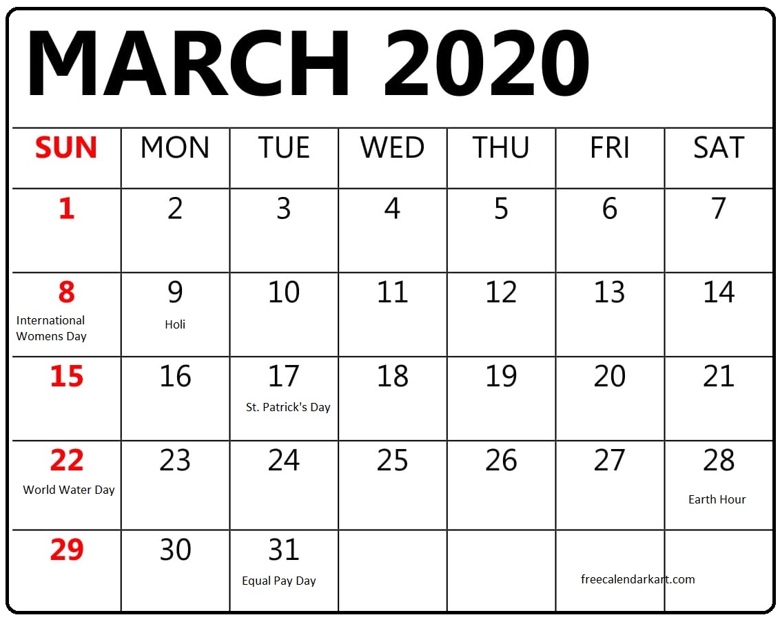 March 2020 Calendar With Holidays