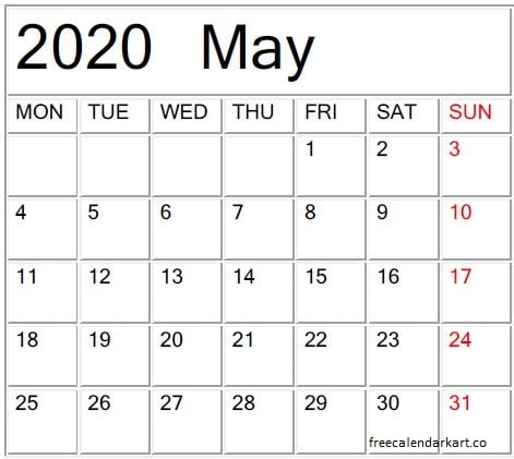  May 2020 Calendar Template