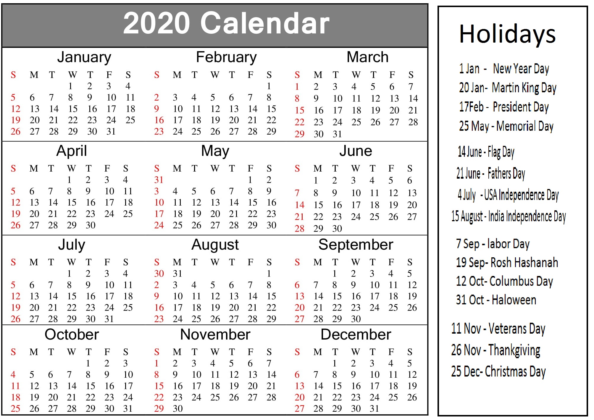 Printable 2020 Calendar With Holidays