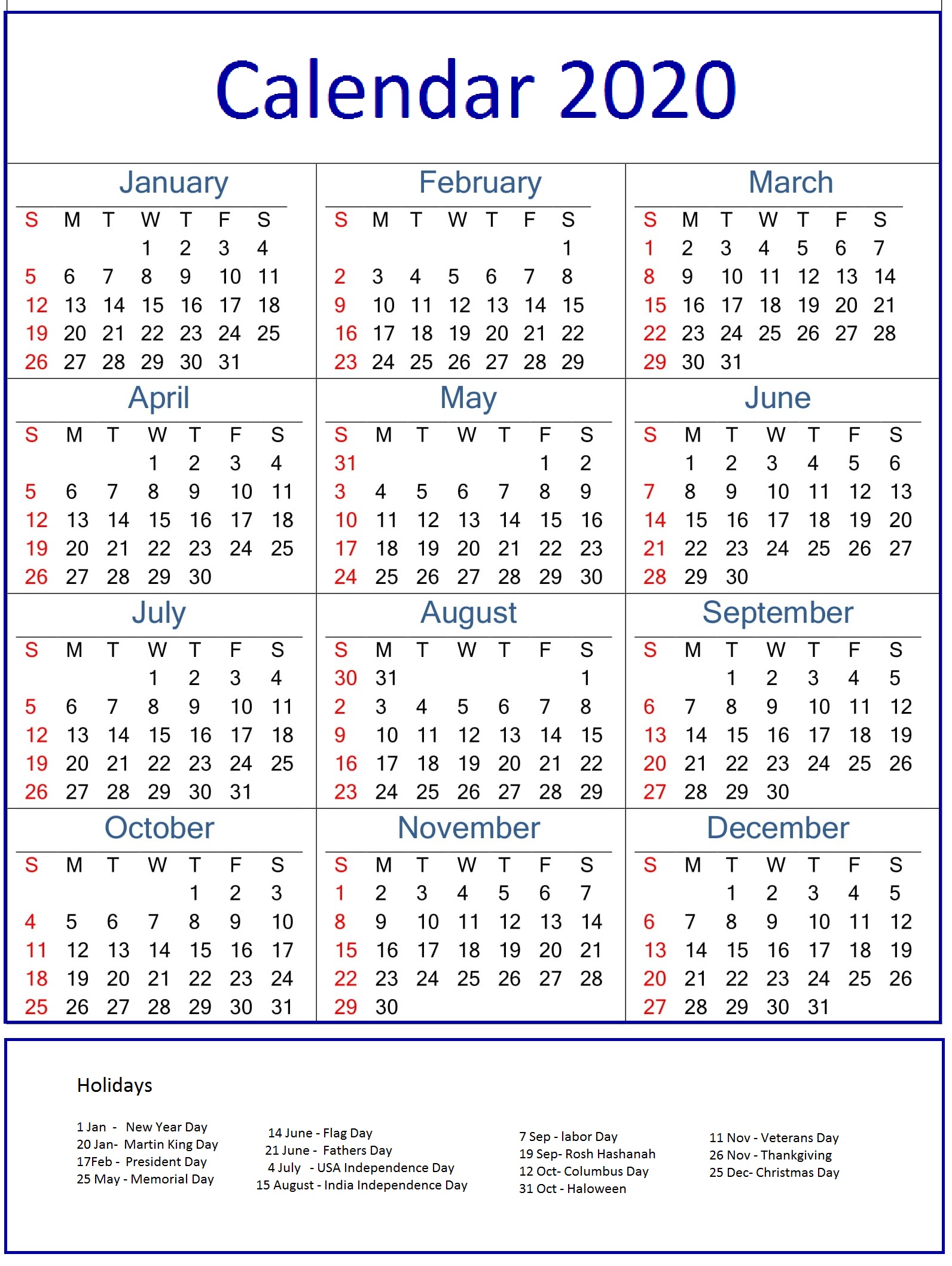 Printable 2020 Calendar With Holidays