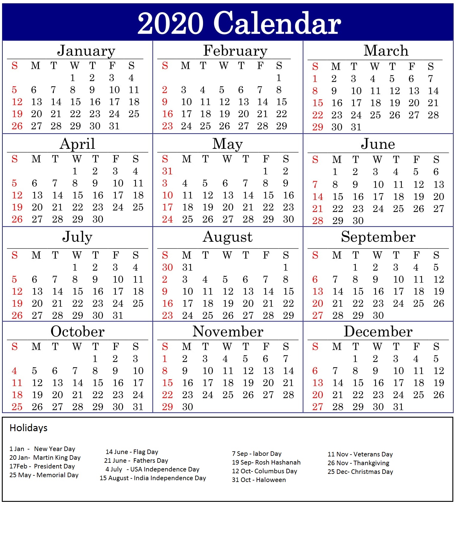 Printable 2020 Calendar With Holidays