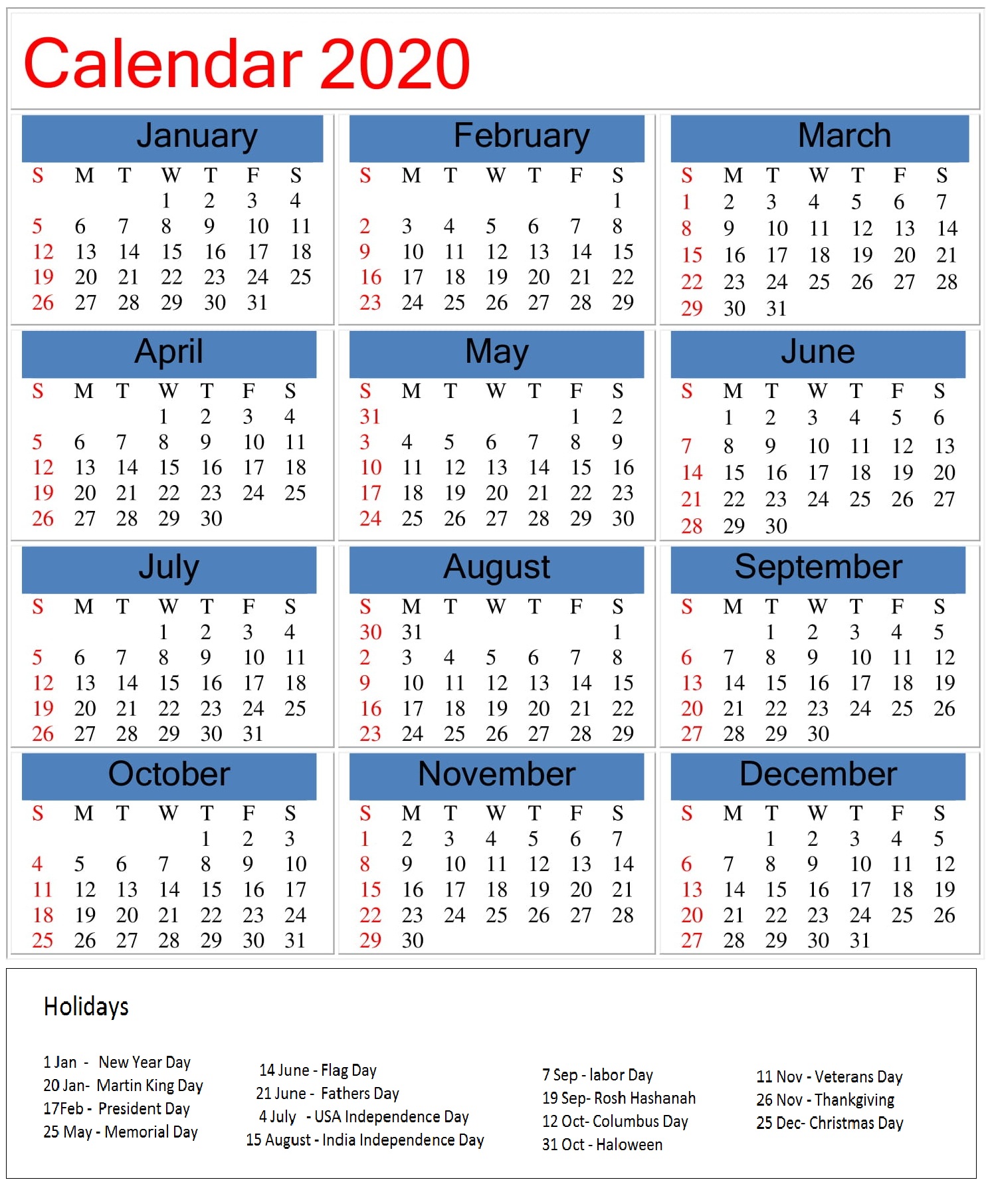 Printable 2020 Calendar With Holidays