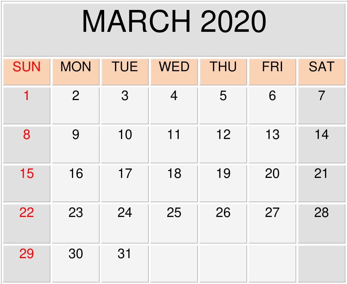 Printable March 2020 Calendar 