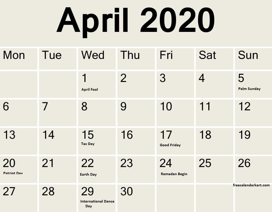 April 2020 Calendar With Holidays 
