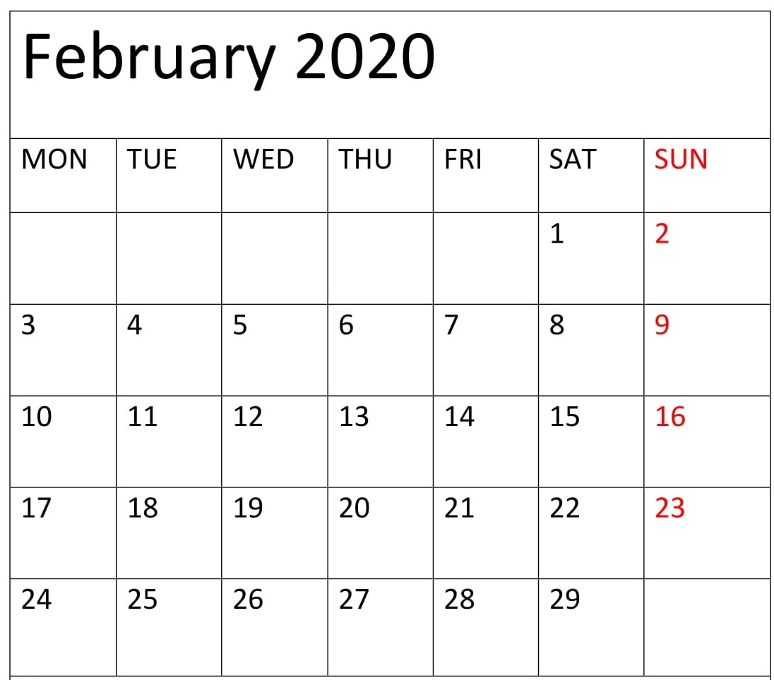 Blank February 2020 Calendar Boxes