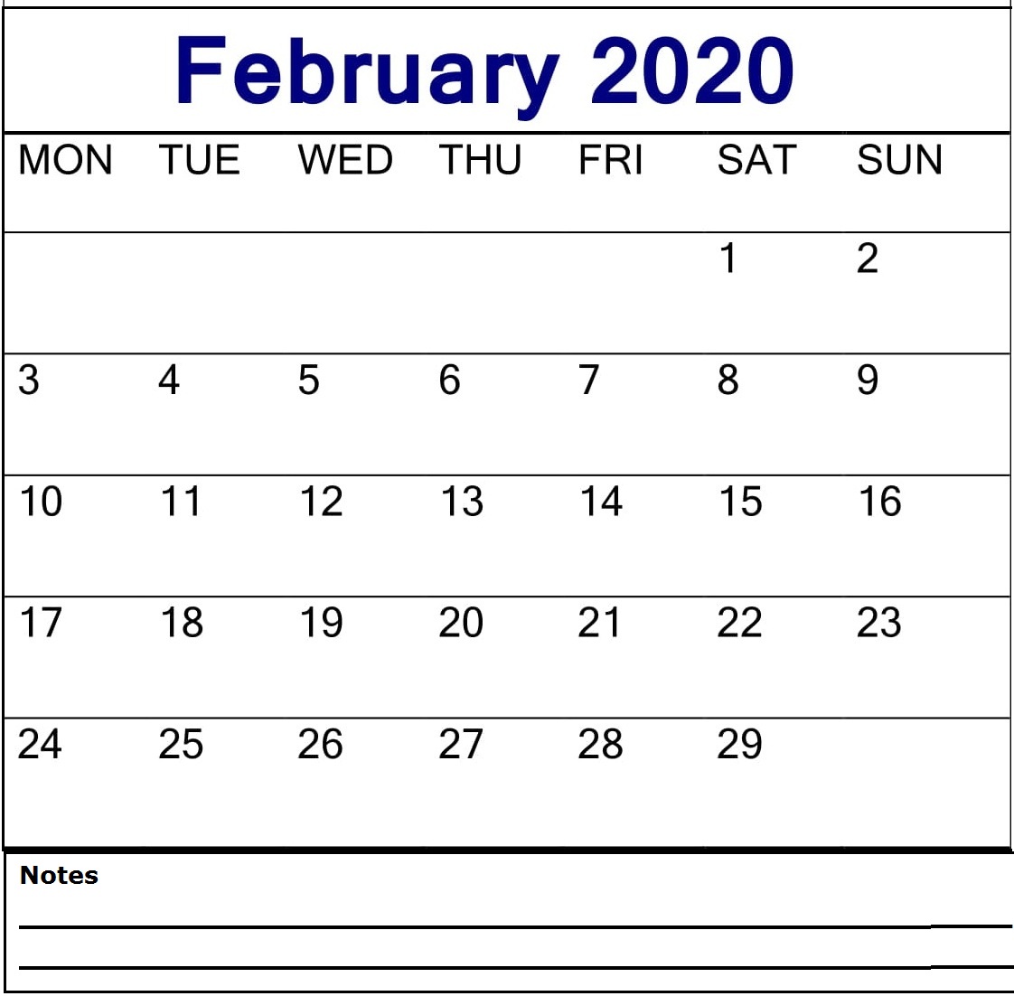 Blank February 2020 Calendar 