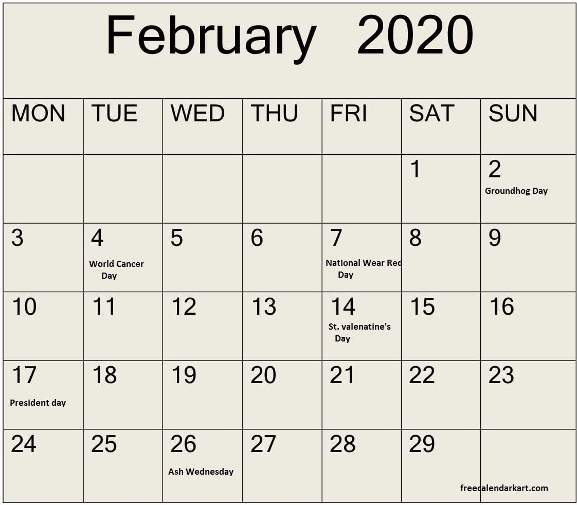 February 2020 Calendar With Holidays