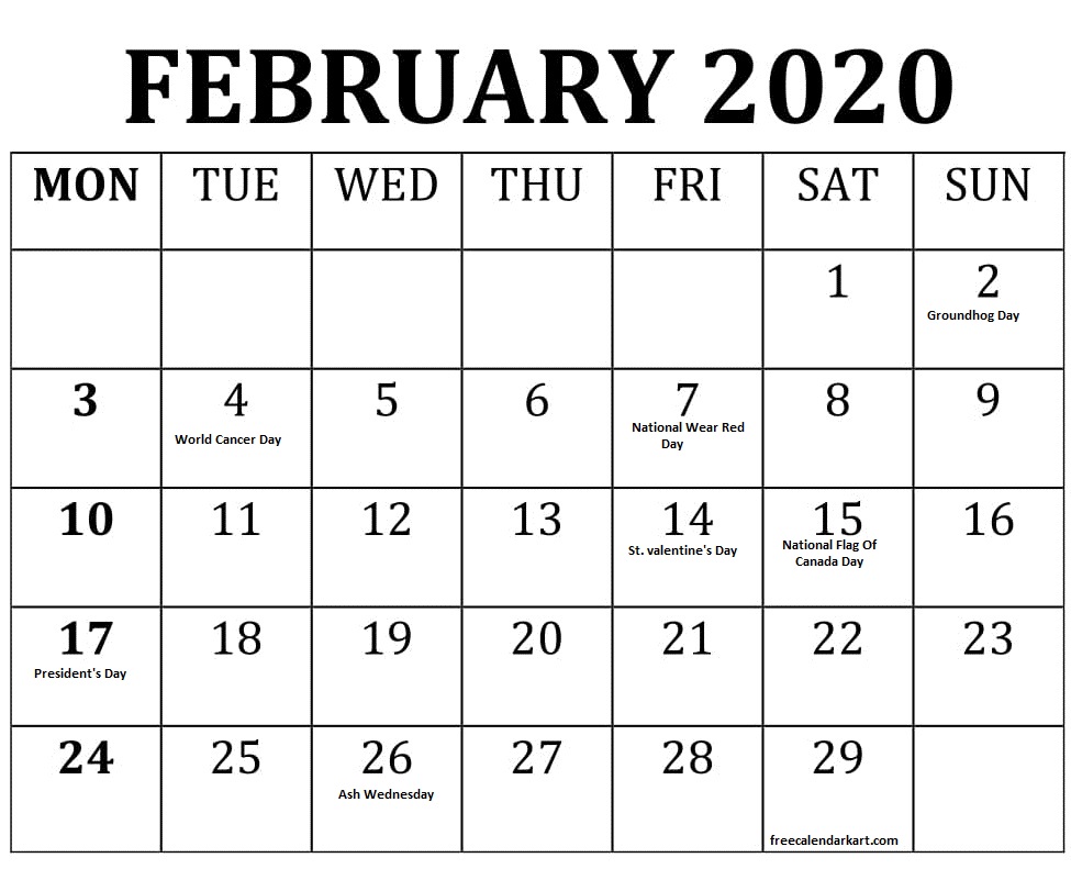 February 2020 Calendar With Holidays