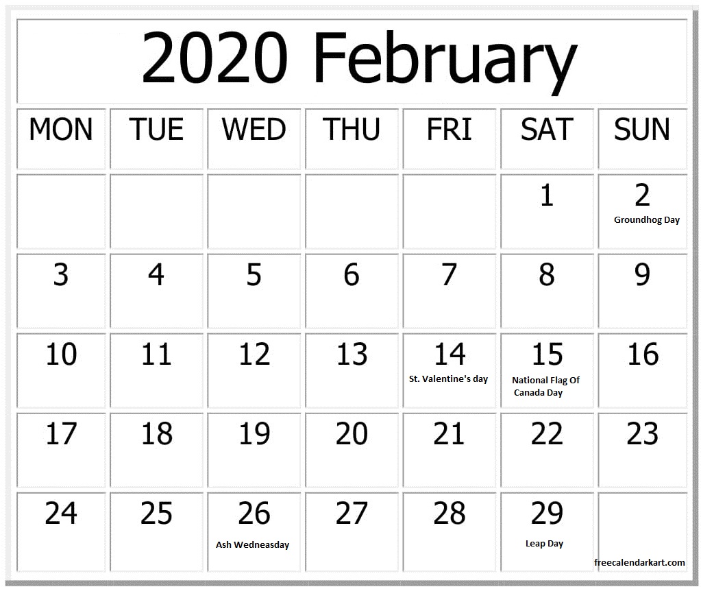 February 2020 Calendar With Holidays