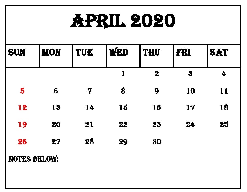 April Calendar 2020 Printable