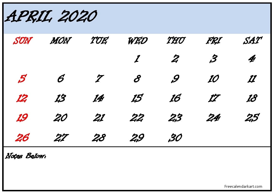 April Printable Calendar 2020 