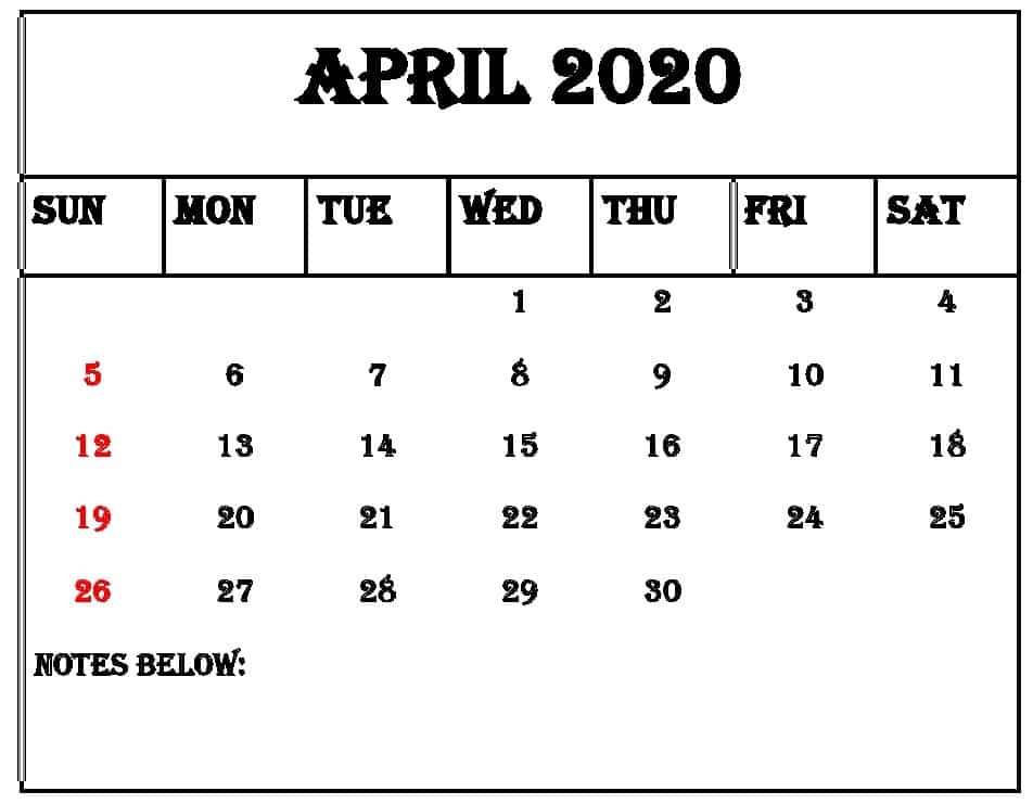 Free Printable April 2020 Calendar