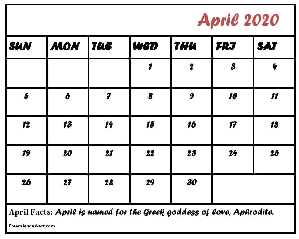 Free Printable April 2020 Calendar