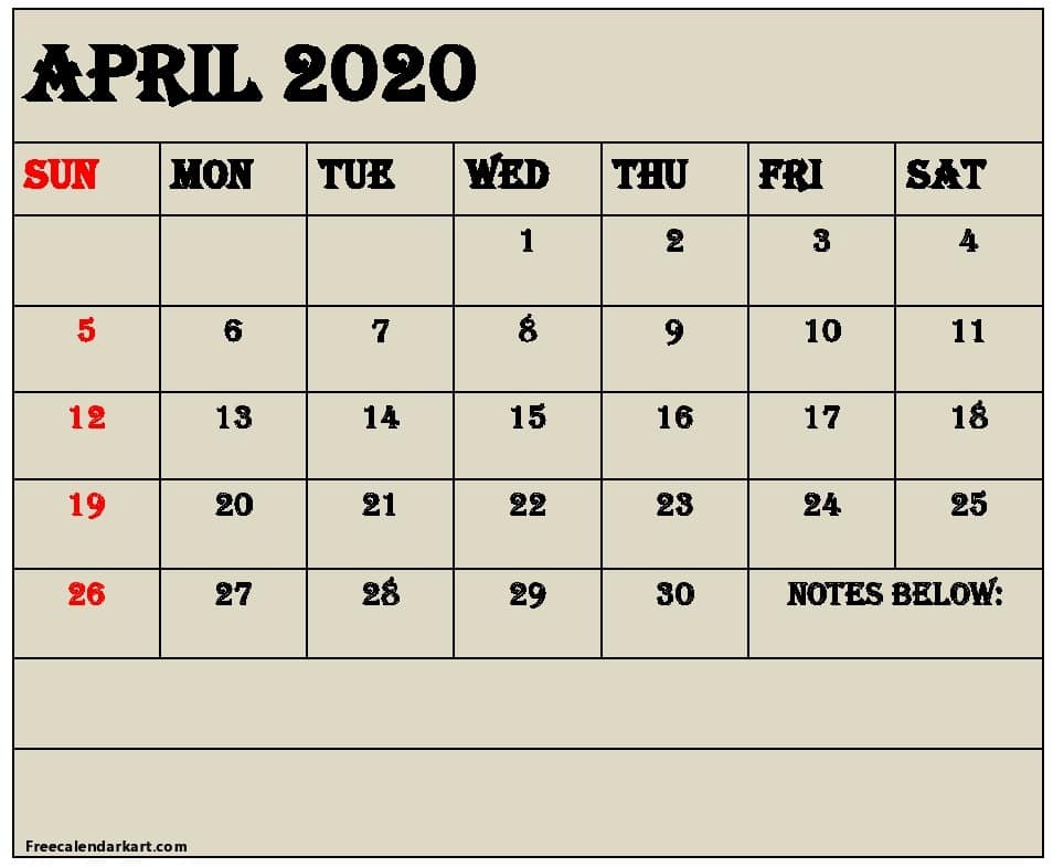 Free Printable April 2020 Calendar