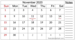 Free Printable November 2020 Calendar