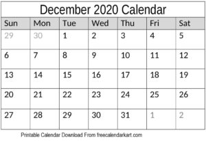 December Calendar 2020 With Holidays