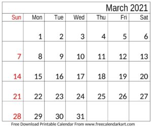 March Calendar 2021