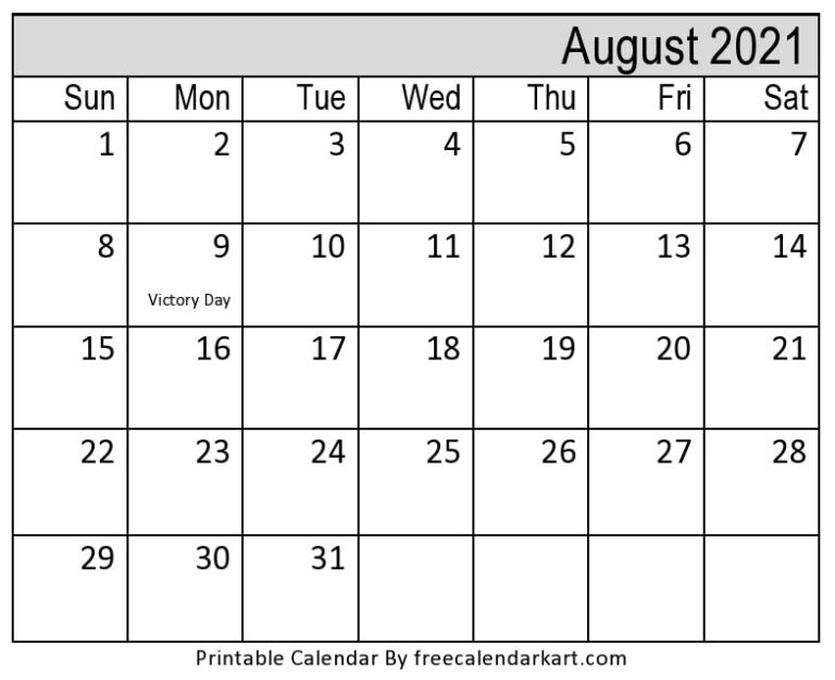 August 2021 Calendar Printable Monthly Template | Free Calendar Kart