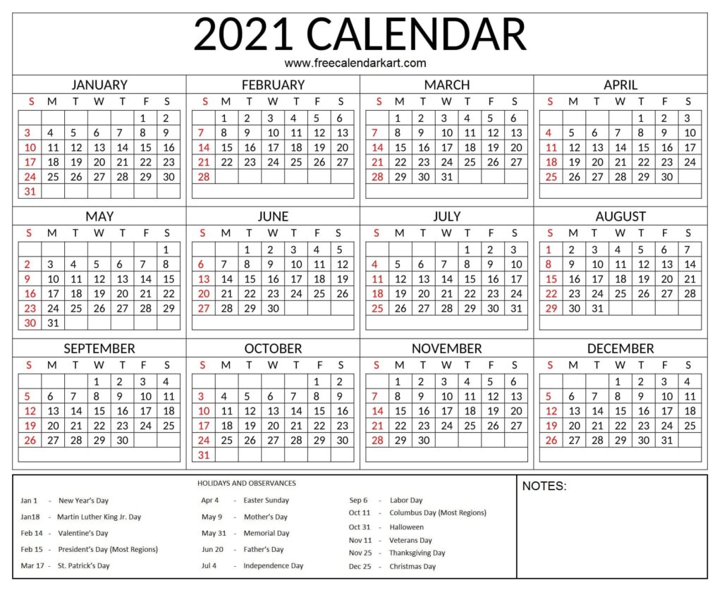 Yearly 2021 Calendar Printable