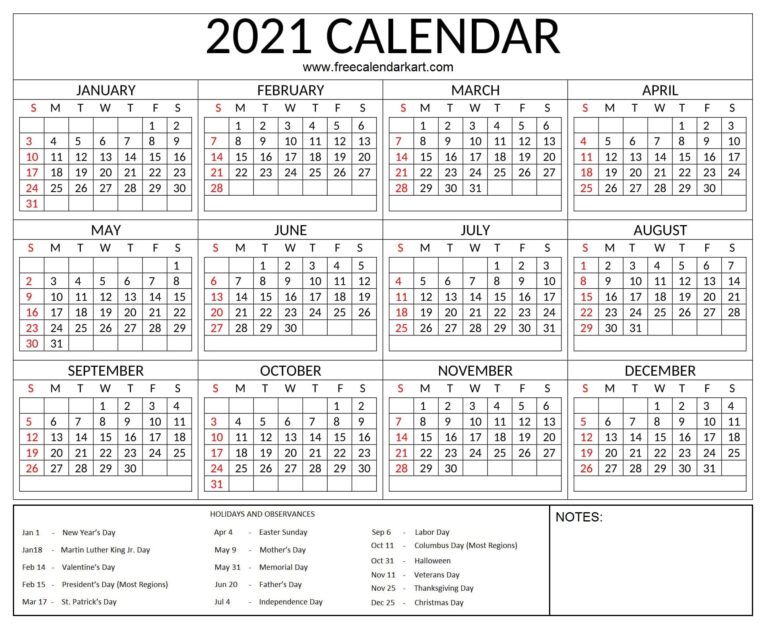 Free Printable Year 2021 Calendar With Holidays | Free Calendar Kart