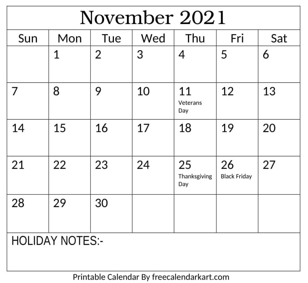 2021 Calendar November With Holidays