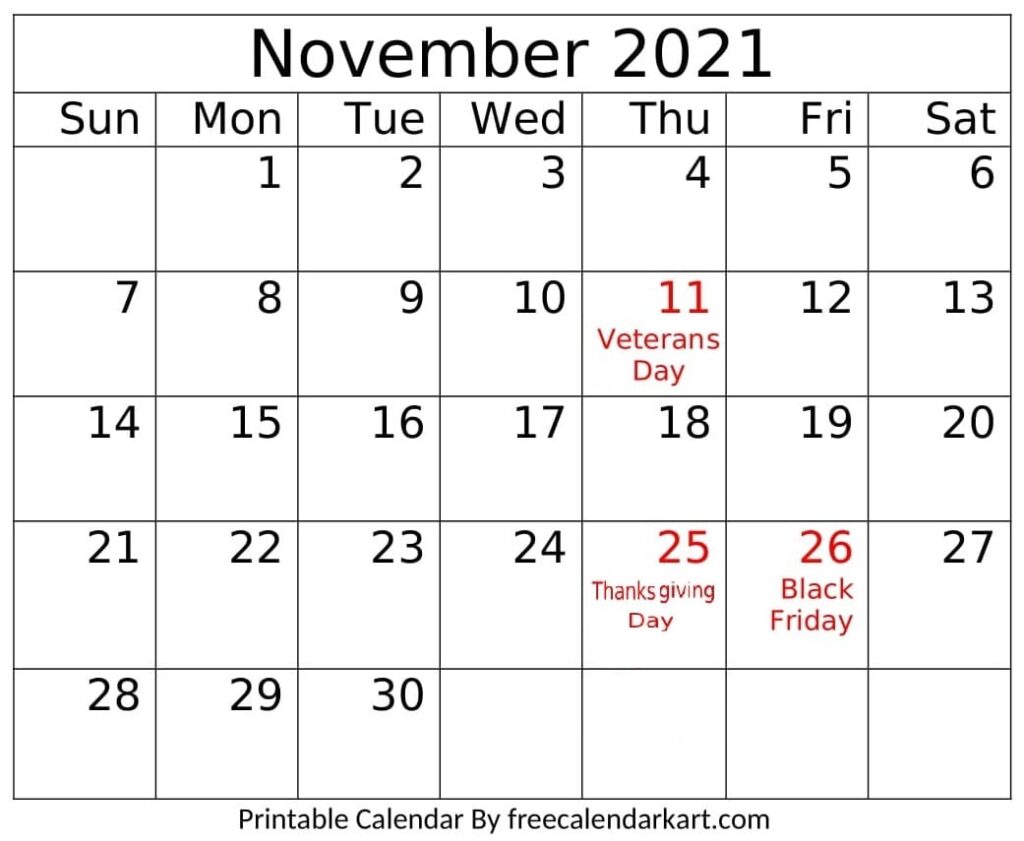 2021 November Calendar With Holidays