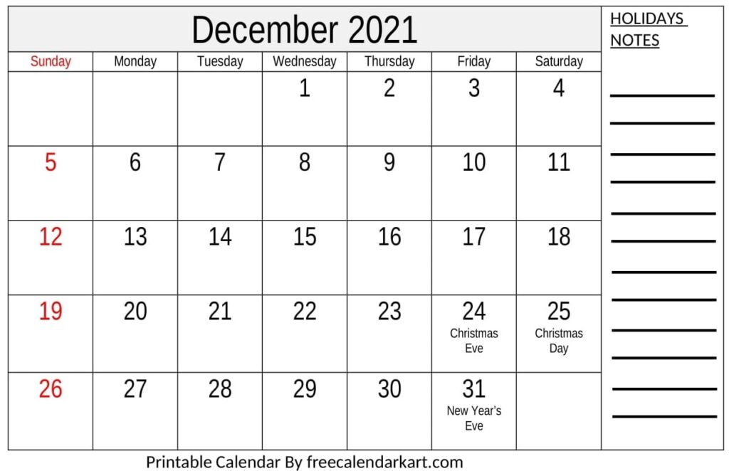 December 2021 Calendar With Holidays