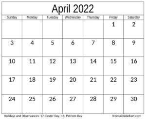 Free Printable April 2022 Calendar - Free Calendar Kart