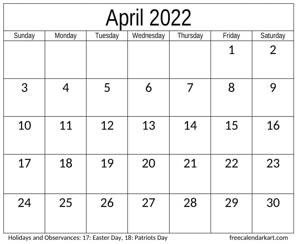 Free Printable April 2022 Calendar - Free Calendar Kart