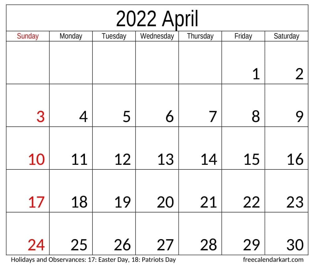 Free Printable April 2022 Calendar - Free Calendar Kart