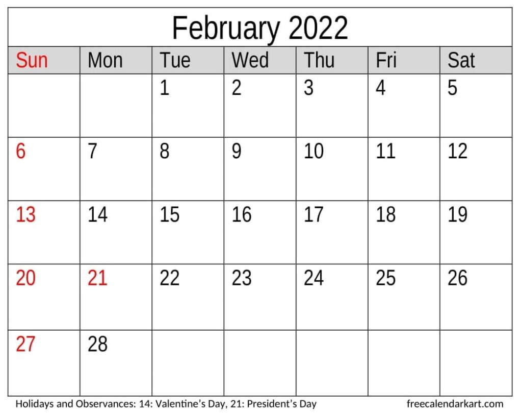 Printable February 2022 Calendar